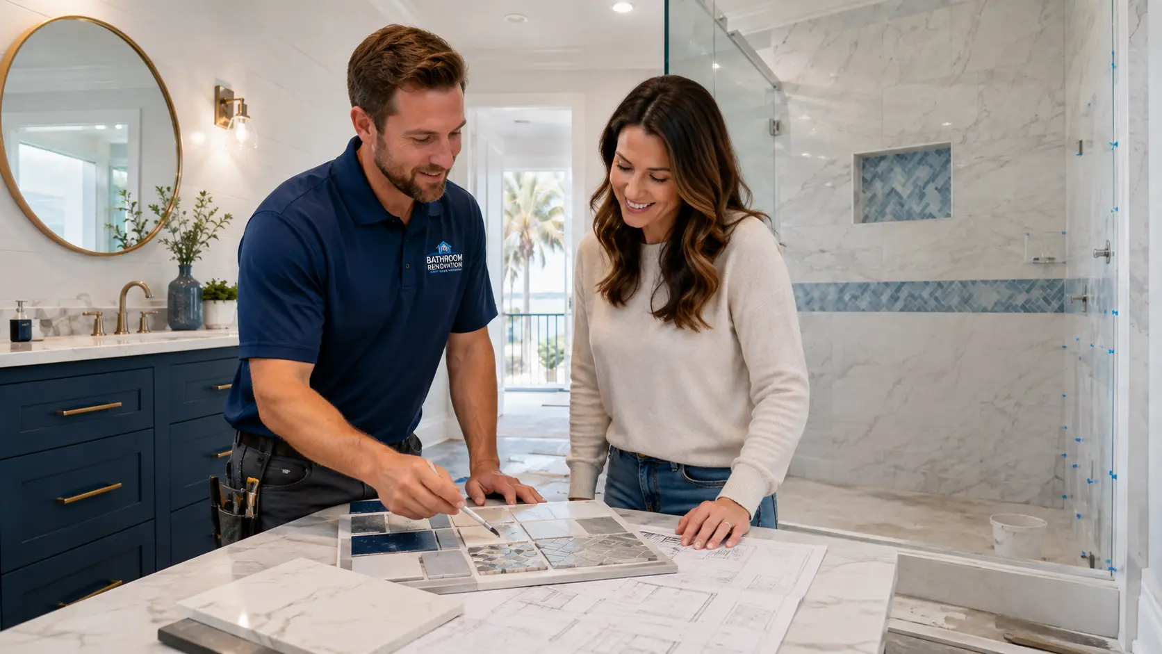 Bathroom remodeler and homeowner reviewing tile samples and a bathroom floor plan on a countertop