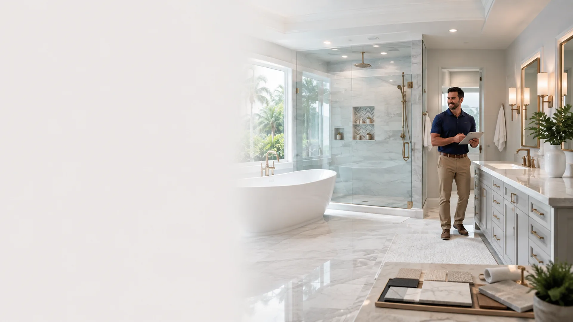 Renovated Jacksonville primary bathroom with a marble-tiled walk-in shower, freestanding tub, and a remodeler reviewing the finished space